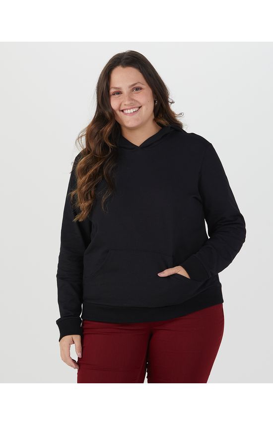 Blusão Básico Feminino Plus Size Bolso Canguru Em Moletom Stretch Flanelado