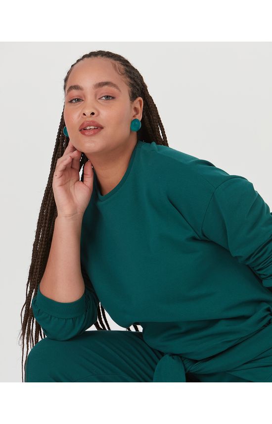 Blusão Básico Feminino Plus Size Decote Redondo Em Moletom Stretch Flanelado