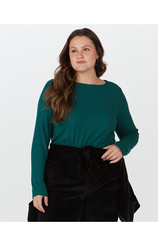 Blusa Básica Feminina Plus Size Manga Longa Em Canelado De Viscose