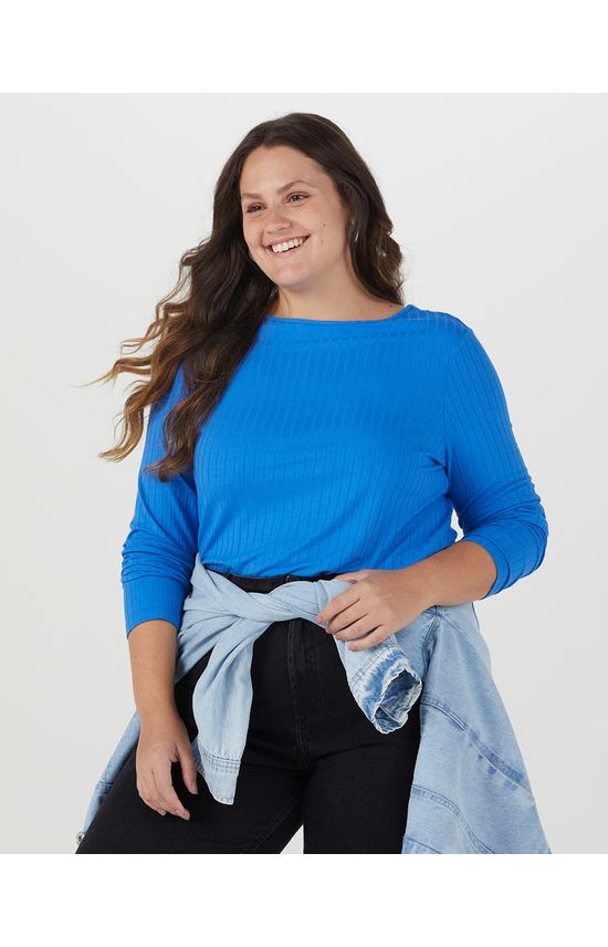 Blusa Básica Feminina Plus Size Manga Longa Em Canelado De Viscose