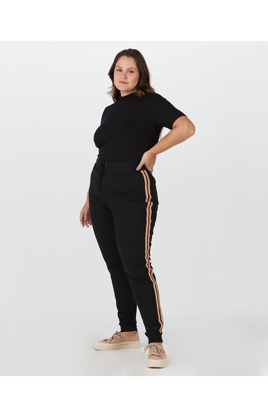 Calça Jogger Feminina Plus Size Listras Em Moletom Stretch Flanelado