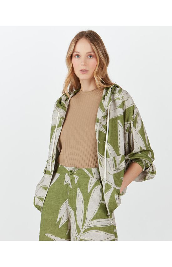 Jaqueta Bomber Feminina Folhas Bolso Frontal Em Viscose