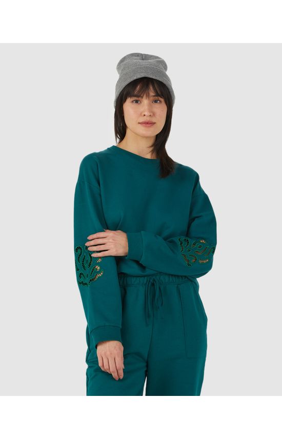 Blusão Feminino Manga Bordada Em Moletom Stretch Flanelado