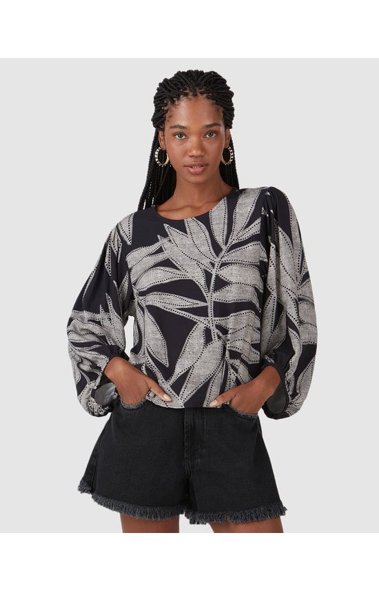Blusa Feminina Manga 7/8 Folhas Em Viscose