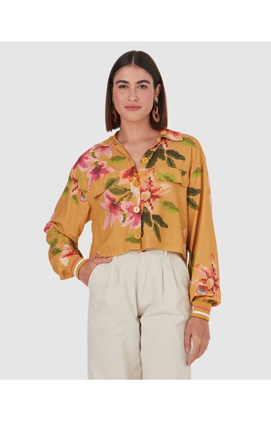 Camisa Feminina Floral Punho Retilínea Em Viscose