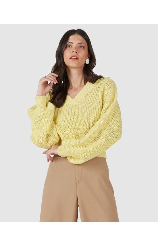 Blusão Cropped Feminino Gola V Em Tricô