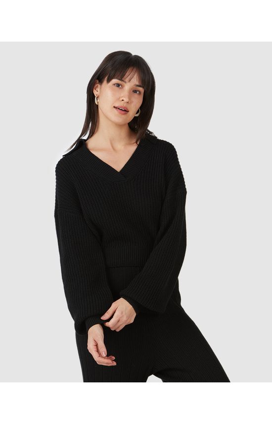 Blusão Cropped Feminino Gola V Em Tricô