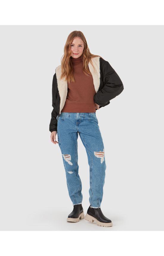 Calça Feminina Mom Puídos Em Jeans 100% Algodão