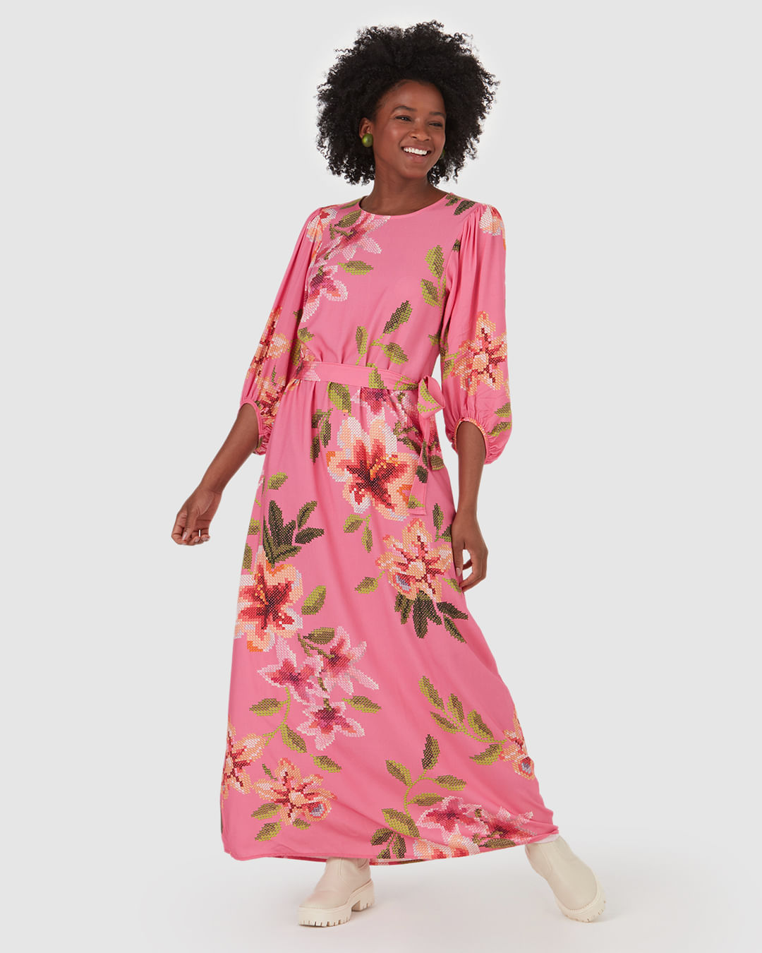 Vestido Longo Feminino Floral Com Faixa Em Viscose - Imagem 2