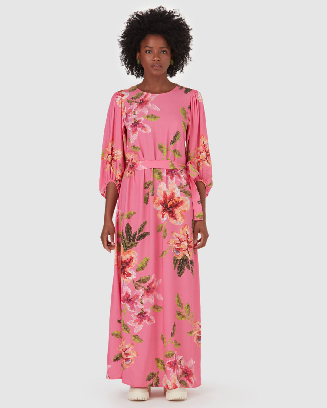 Vestido Longo Feminino Floral Com Faixa Em Viscose - Imagem 4