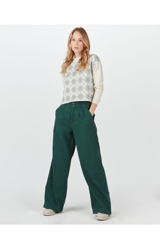 Calça Wide Leg Feminina Pregas Frontais Em Sarja 100% Algodão