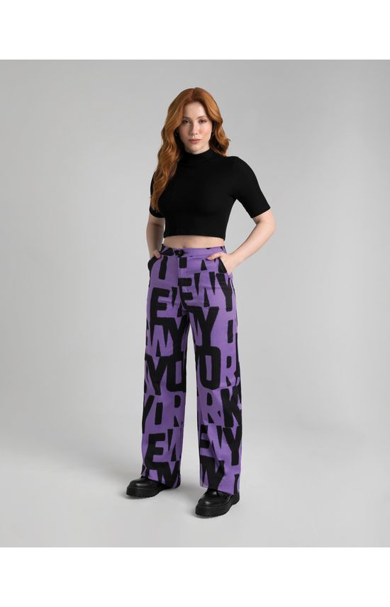 Calça Wide Leg Feminina Lettering Em Tecido Acetinado Com Elastano - ENFIM