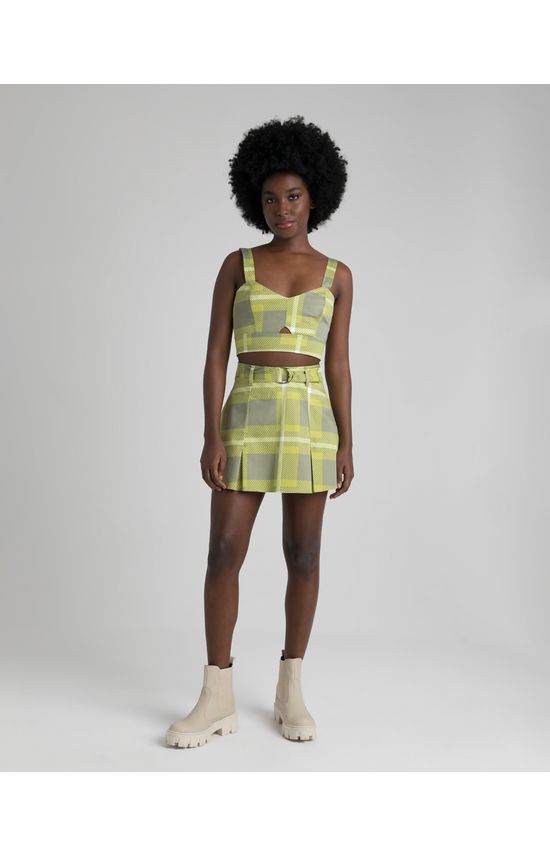 Shorts Saia Feminino Evasê Xadrez Em Tecido Acetinado Com Elastano - ENFIM