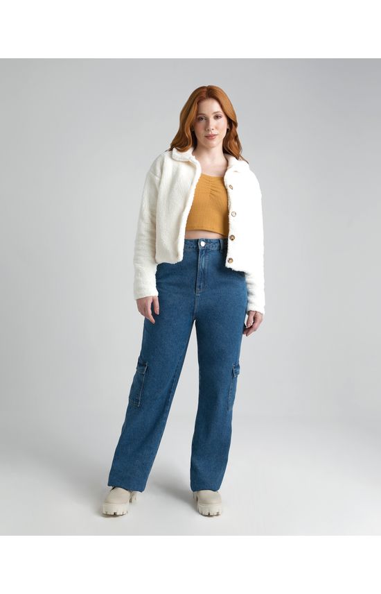 Calça Wide Leg Feminina Bolso Cargo Em Jeans 100% Algodão - ENFIM