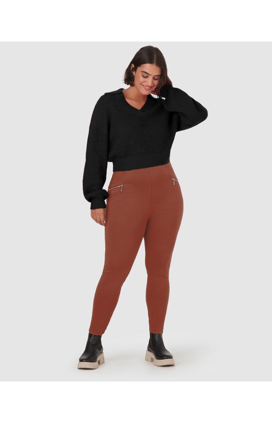 Calça Legging Feminina Plus Size Detalhe Zíper Em Interlock De Viscose