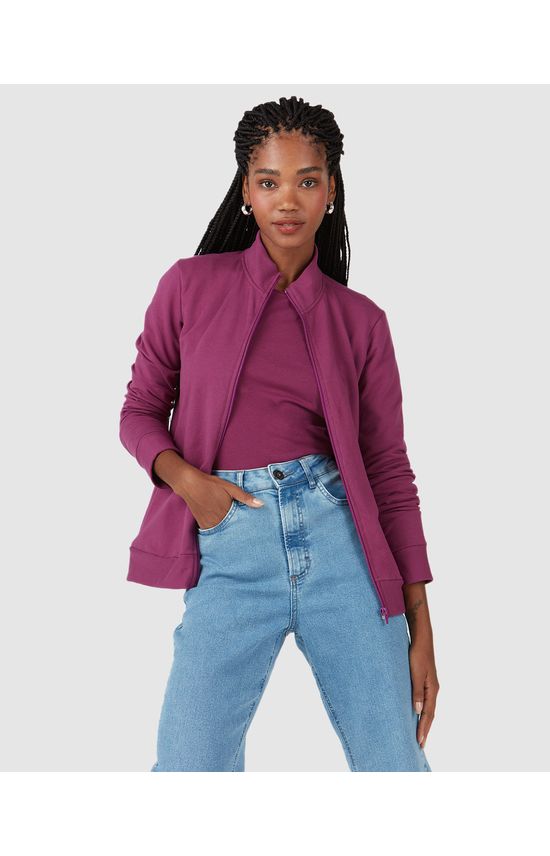 Jaqueta Básica Feminina Gola Alta Moletom Stretch Flanelado