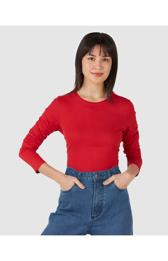 Blusa Básica Feminina Decote Redondo Manga Longa Em Algodão