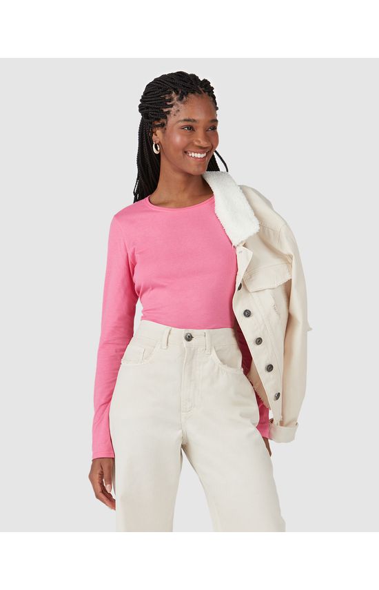 Blusa Básica Feminina Decote Redondo Manga Longa Em Algodão