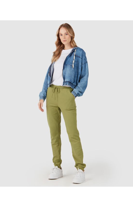 Calça Básica Feminina Bolsos Laterais Em Moletom Stretch Flanelado