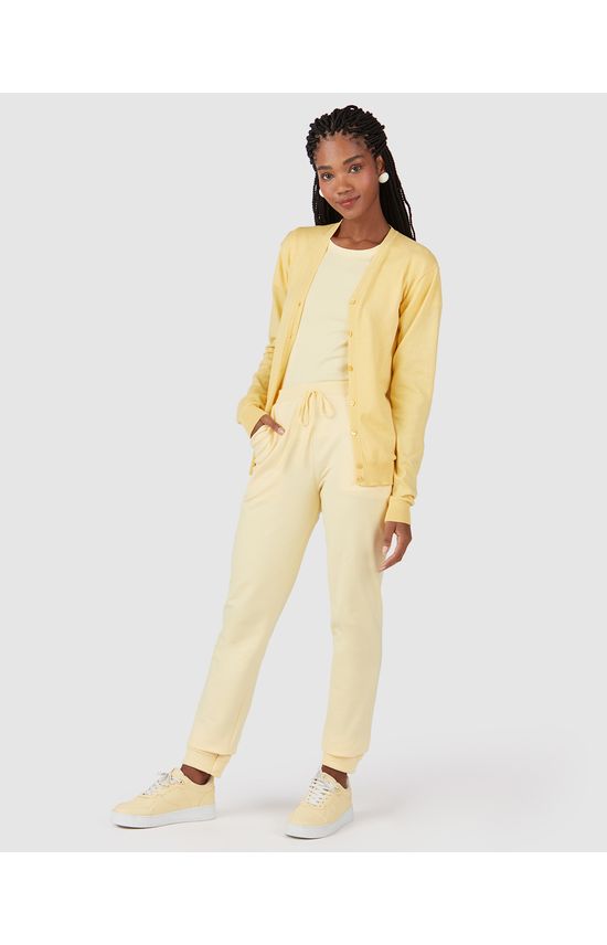 Calça Básica Feminina Bolsos Laterais Em Moletom Stretch Flanelado