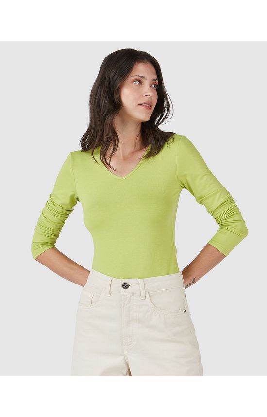 Blusa Básica Feminina Gola V Manga Longa Em Viscose Stretch