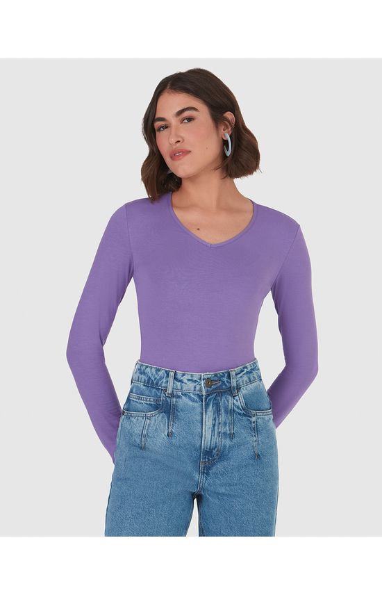 Blusa Básica Feminina Gola V Manga Longa Em Viscose Stretch