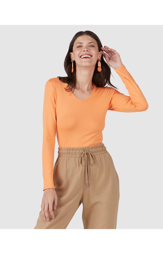 Blusa Básica Feminina Gola V Manga Longa Em Viscose Stretch