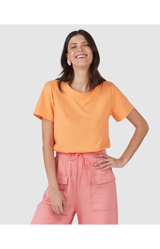 Blusa Básica Feminina Decote Redondo Com Pesponto Em Algodão