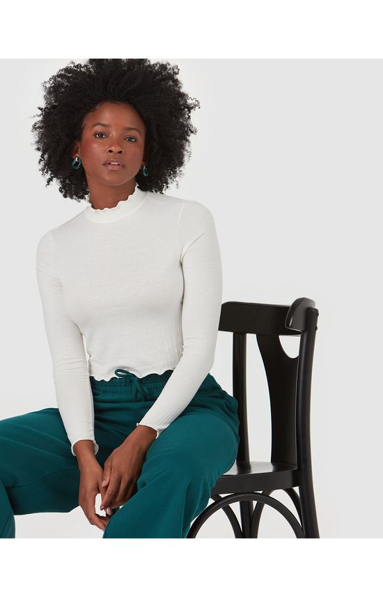 Blusa Básica Feminina Picot Em Malha De Viscose Texturizada