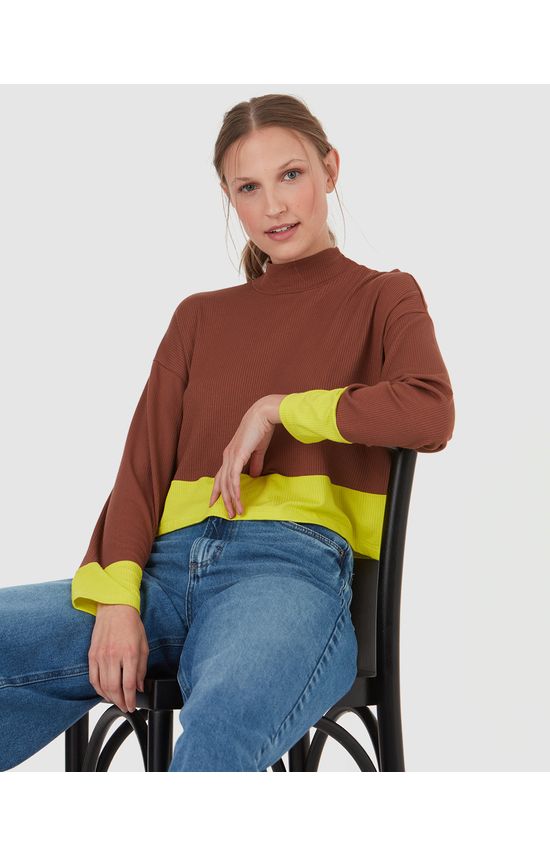 Blusa Básica Feminina Bicolor Em Canelado De Viscose