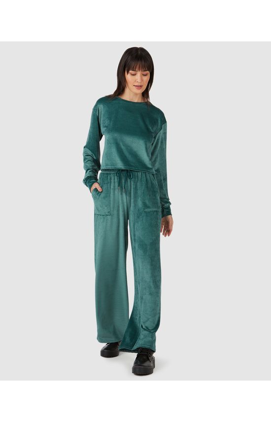 Calça Básica Feminina Wide Leg Em Veludo Canelado