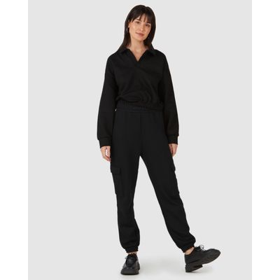 Calça Básica Feminina Jogger Bolso Cargo Em Moletom Flanelado