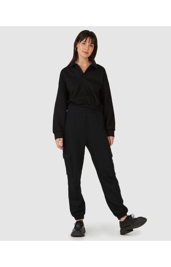 Calça Básica Feminina Jogger Bolso Cargo Em Moletom Flanelado