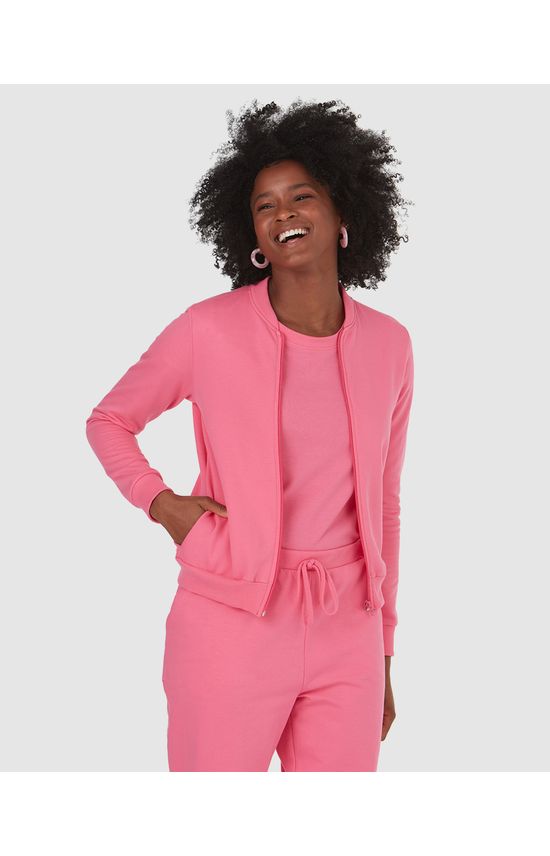 Jaqueta Básica Feminina Bolso Lateral Em Moletom Flanelado