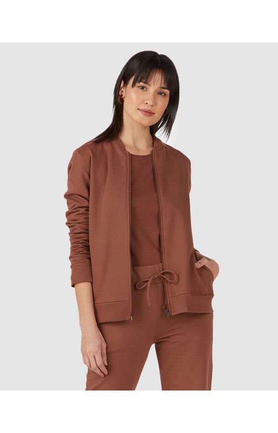 Jaqueta Básica Feminina Bolso Lateral Em Moletom Flanelado