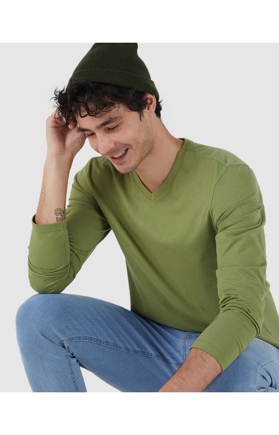 Camiseta Básica Masculina Decote V Manga Longa Em Algodão