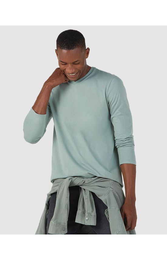 Camiseta Básica Masculina Decote V Manga Longa Em Algodão