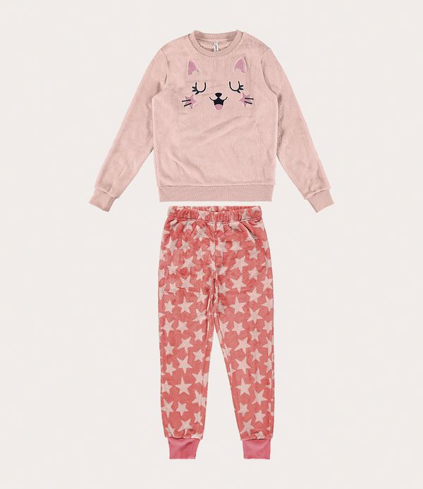 Pijama Feminino Bordado Gato Em Fleece Rosa - M