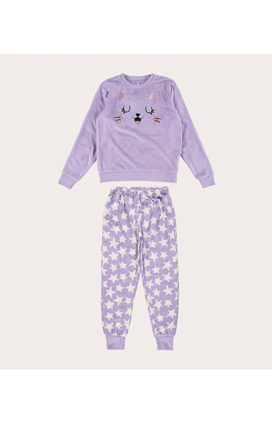 Pijama Feminino Bordado Gato Em Fleece