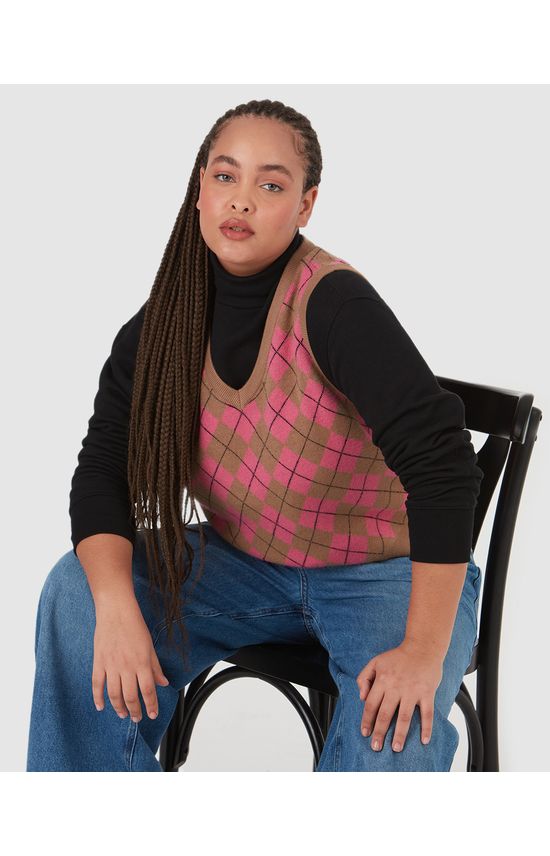Colete Feminino Plus Size Geométrico Em Tricô