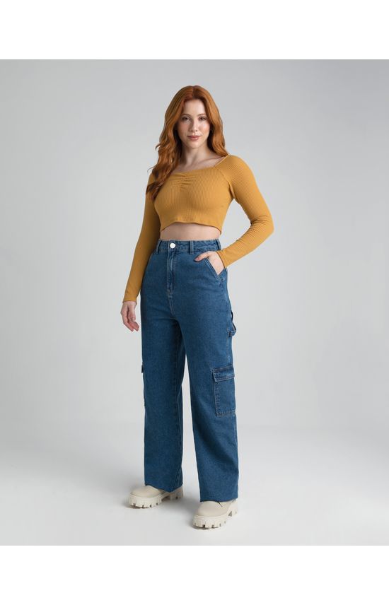 Blusa Cropped Feminina Decote Quadrado Em Malha Texturizada
