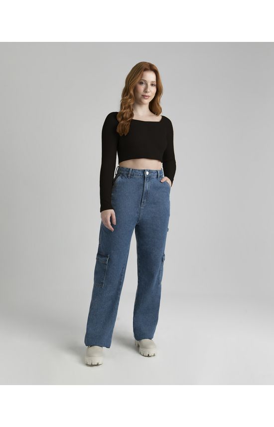 Blusa Cropped Feminina Decote Quadrado Em Malha Texturizada
