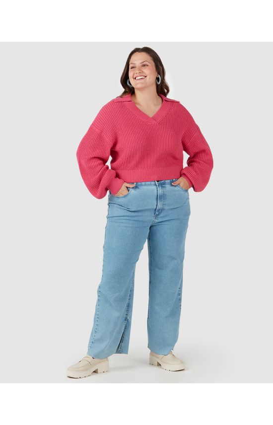 Blusão Cropped Feminino Plus Size Gola V Em Tricô