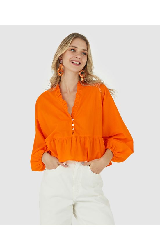 Camisa Feminina Gola V Babados Em Tricoline