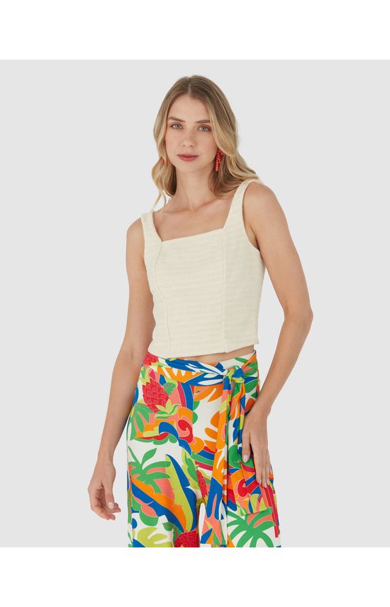 Regata Cropped Feminina Decote Quadrado Em Malha Tweed