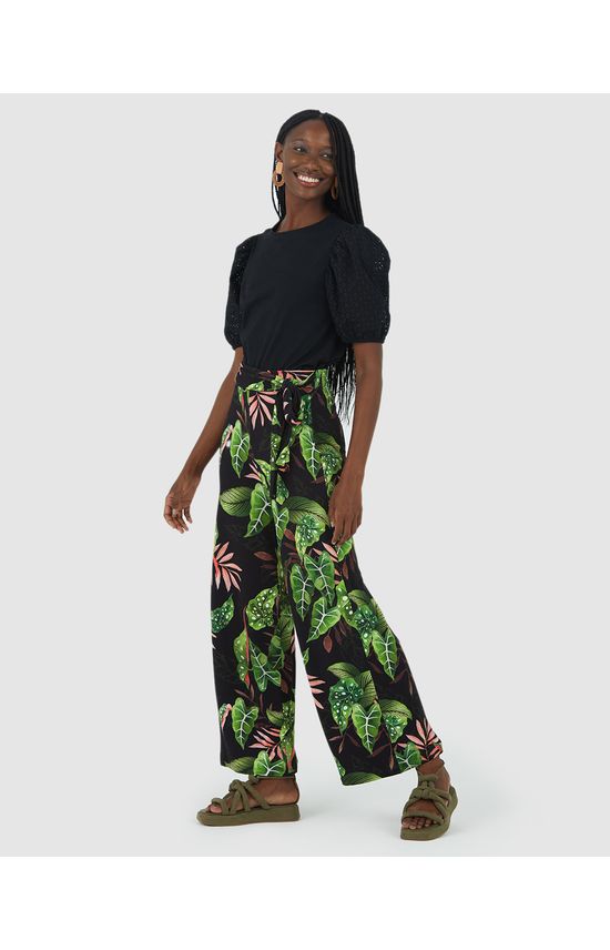 Calça Reta Feminina Folhagem Com Faixa Em Moletinho Stretch Viscose