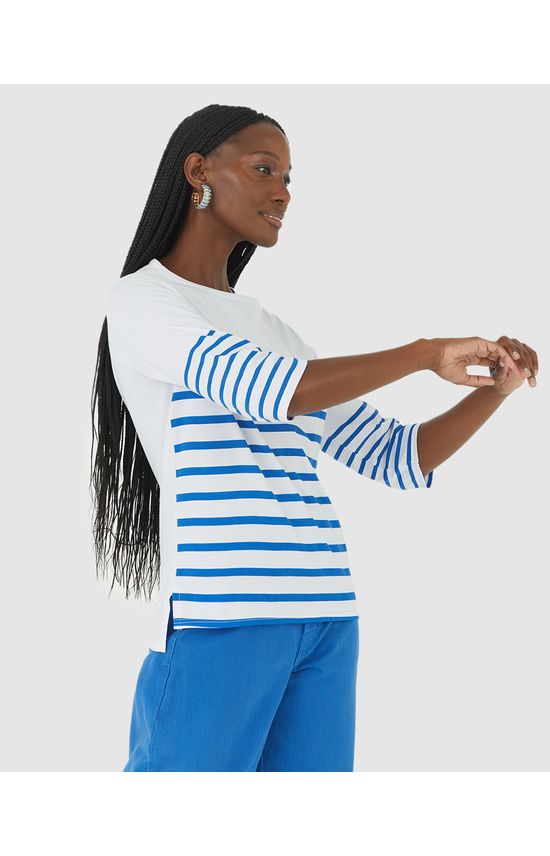Blusa Listrada Feminina Manga 3/4 Em Algodão