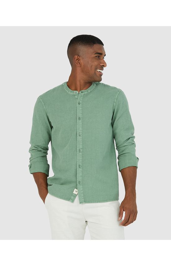 Camisa Masculina Gola Redonda Em Linho Com Algodão