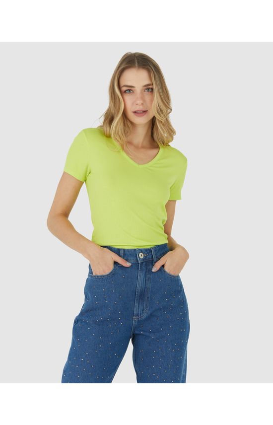 Blusa Básica Feminina Decote V Em Malha Canelada