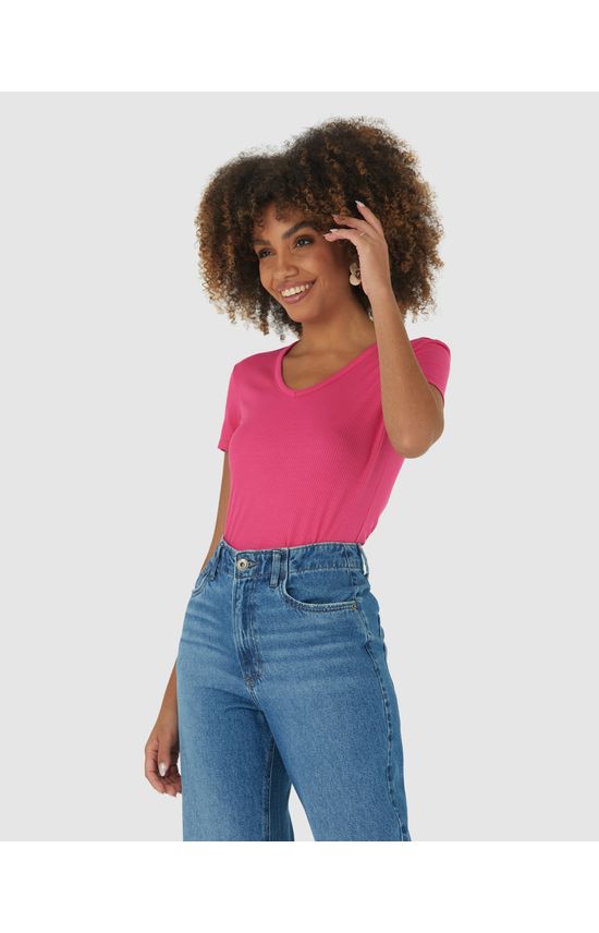 Blusa Básica Feminina Decote V Em Malha Canelada